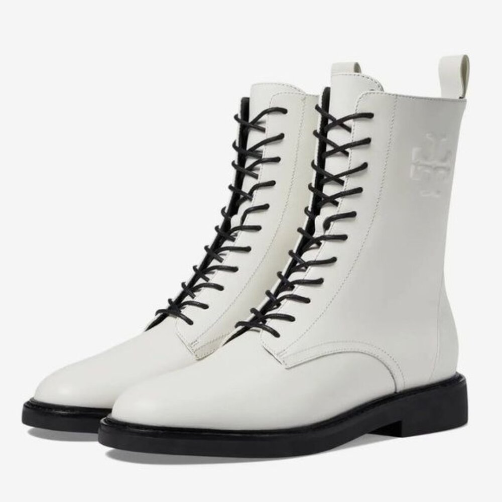 Tory Burch Double-T Croc Embossed Combat Boot in white Size 7.5